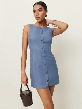 Reformation Zarae Cornflower Blue 100% Linen Button Front Mini Dress size 0